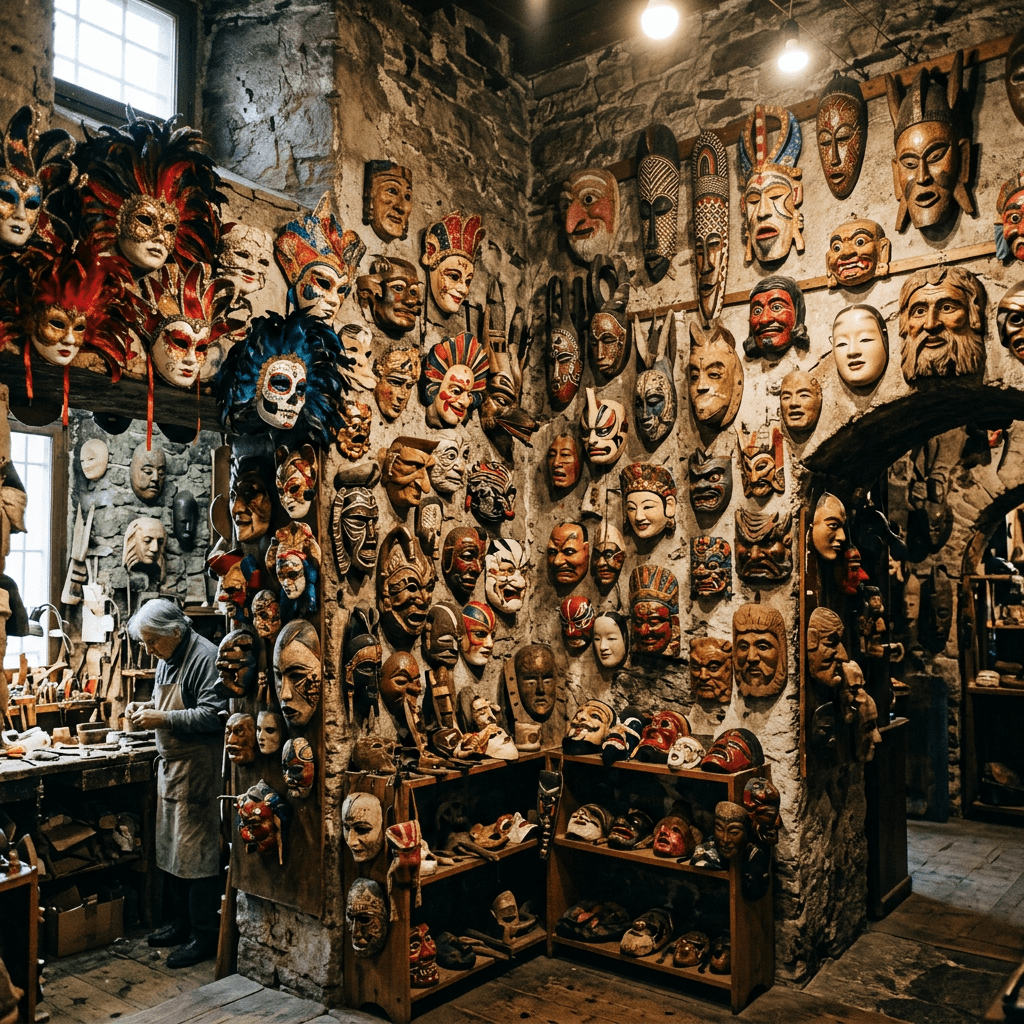 Workshop interior with numerous diverse masks displayed and artisan crafting at a workbench